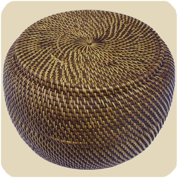 Korbschale mit Deckel aus 100% Ata, Rattan Palme, dekorative Unikate Korb-schale Holz-korb Handarbeit natur rund 33x20 cm
