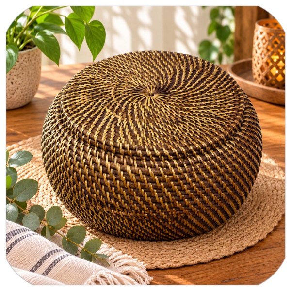 Korbschale mit Deckel aus 100% Ata, Rattan Palme, dekorative Unikate Korb-schale Holz-korb Handarbeit natur rund 28x14 cm