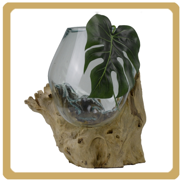 Wurzelholz Glas-Vase Wurzel-Vase Deko-Glas Kaffeewurzel Holz Design Blumenvase groß