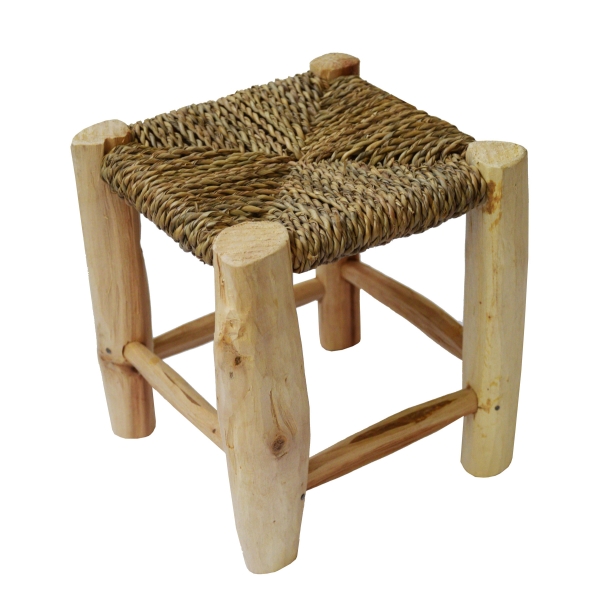 Scandi Stil Holzhocker Hocker Fußhocker mit geflochtenen Palmenblättern 20x20 cm