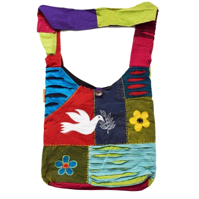 Simandra Patchwork Umhängetasche Mit Tiermotiv – Handgefertigte Unikat-Tasche Aus Nepal, 39x30 Cm, Mit Holzknopf